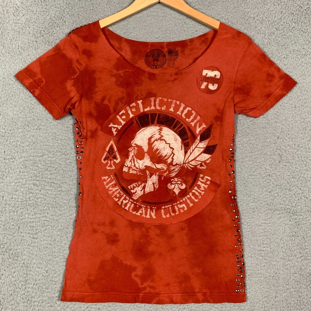 Affliction T-Shirt Women's Medium Red American Customs Skull Studded‎ Grunge Tee